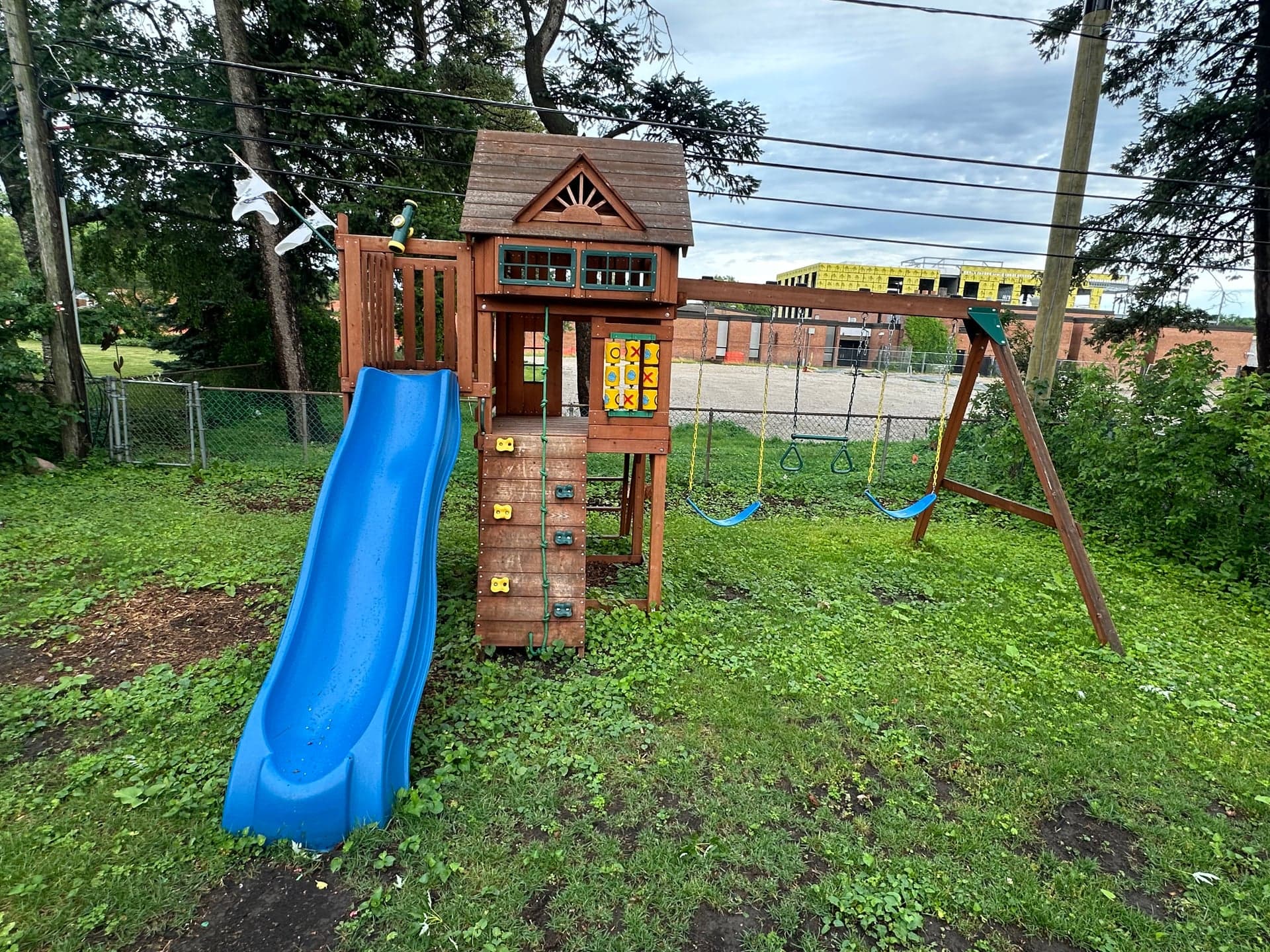 Cedar Wood Swing Set, Clubhouse, Wave Slide, Rock Wall, Swings, Used Good